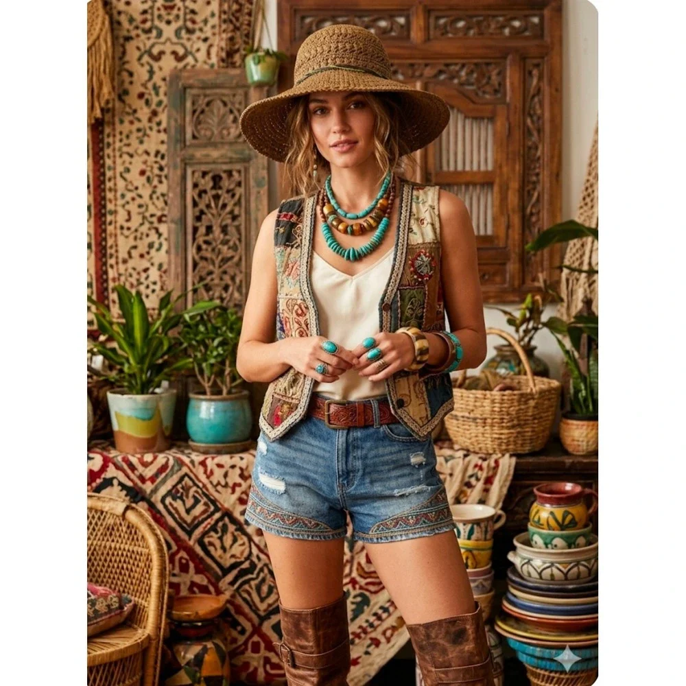 Womens Boho-Chic Hand-Crochet Raffia Sun Hat